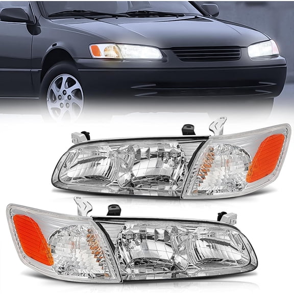 Nilight Headlight Assembly Compatible with 2000 2001 Toyota Camry Replacement Headlamp Chrome Housing Amber Reflector Driver and Passenger Side