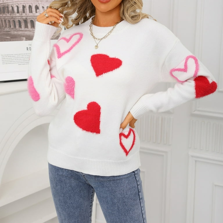 Fengactive Heart Sweater for Women Cute Print Crewneck Long Sleeve