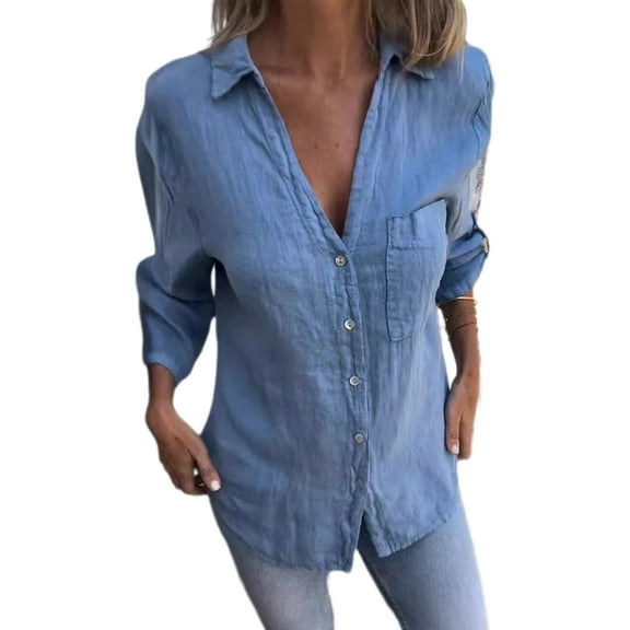 Women Shirt Lapel V-Neck Long Sleeve Button Down Shirt Tops with Patch Pocket Solid Color Regular Fit Casual Tops