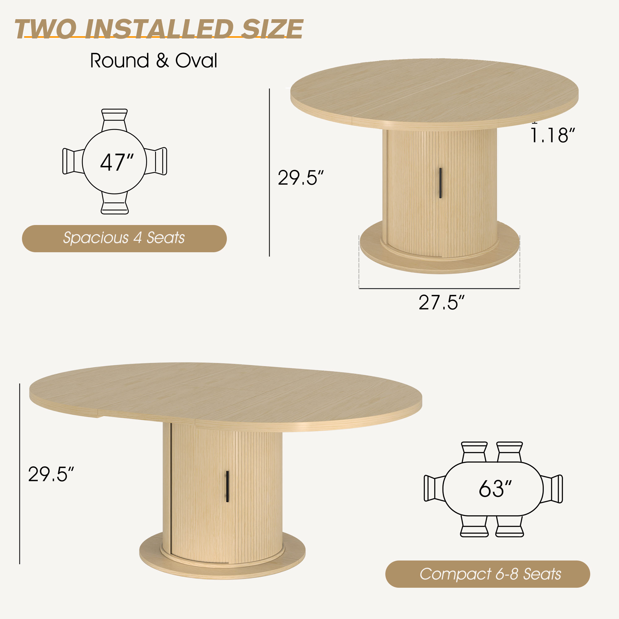 Round Dining Table for 4-8, Extendable Kitchen Dining Room Table 47"-63" With Storage, Mid Century Modern Oval Wood Dinner Table, Natural Oak