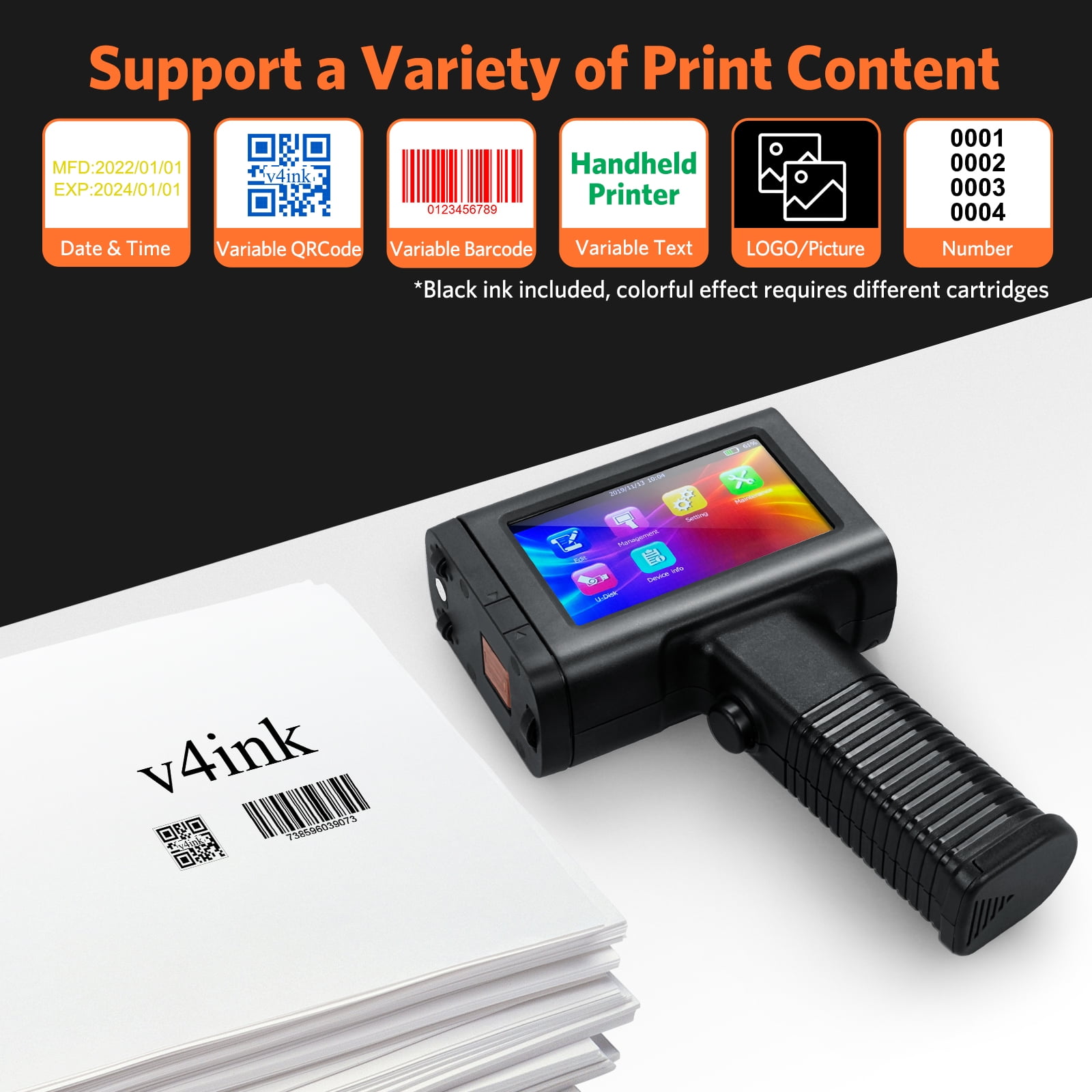 v4ink BT-HH6105B3 Portable Handheld Inkjet Printer labeler Coding Machine Print Height 0.09-0.5 inch for Barcode QRCode Text Date Logo Picture