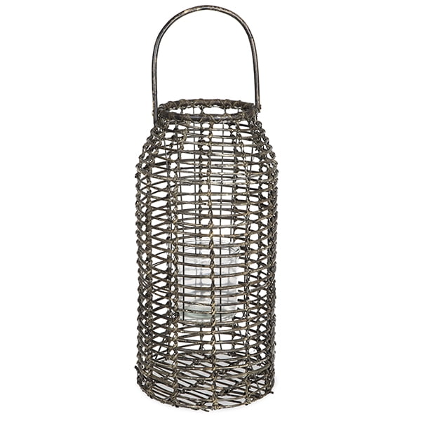 Tall Slim Rattan Lantern with Glass Candle Holder Brown