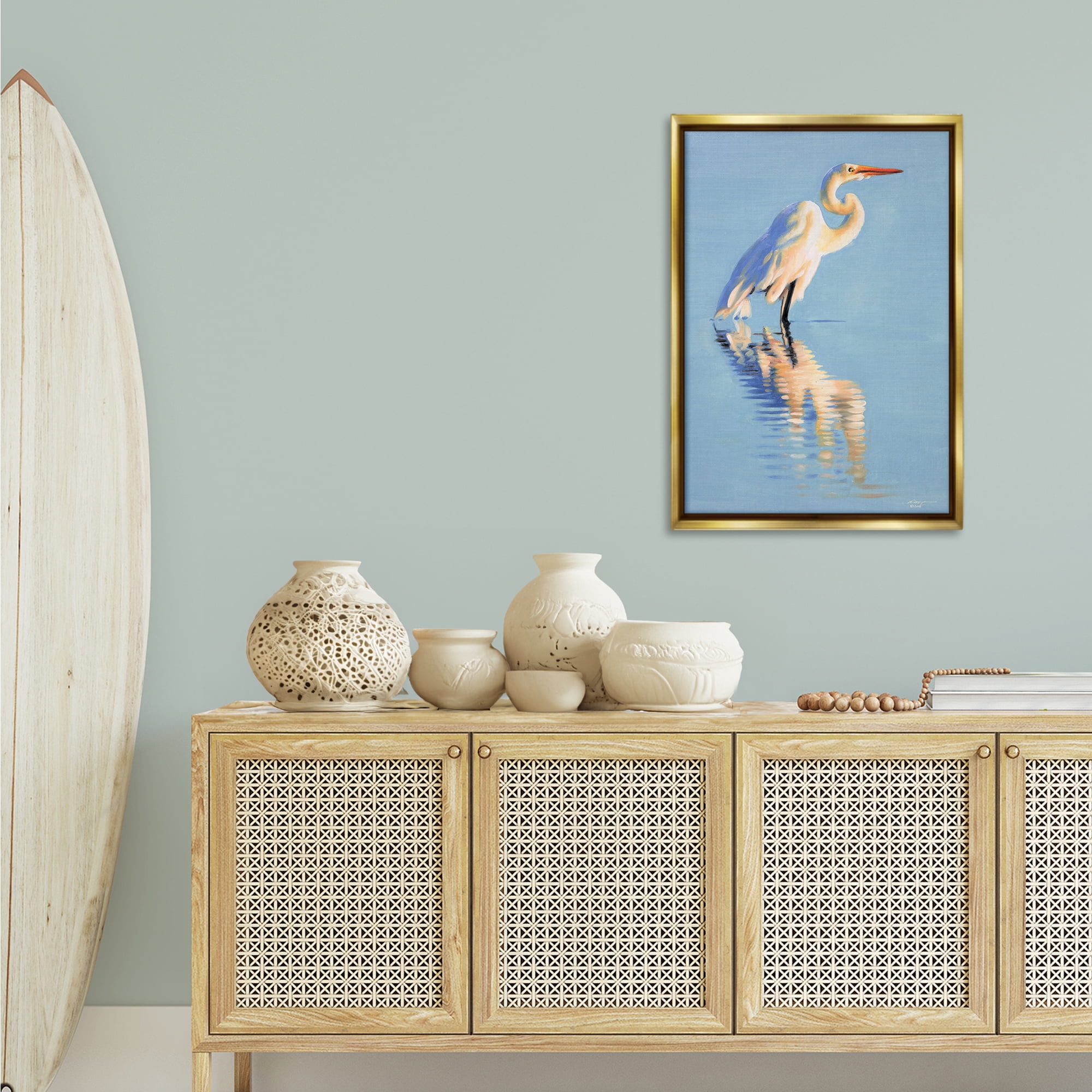 Stupell Industries Blue Egret Reflection Animals & Insects Painting Gold Floater Framed Canvas Art Print Wall Art, 21 x 31