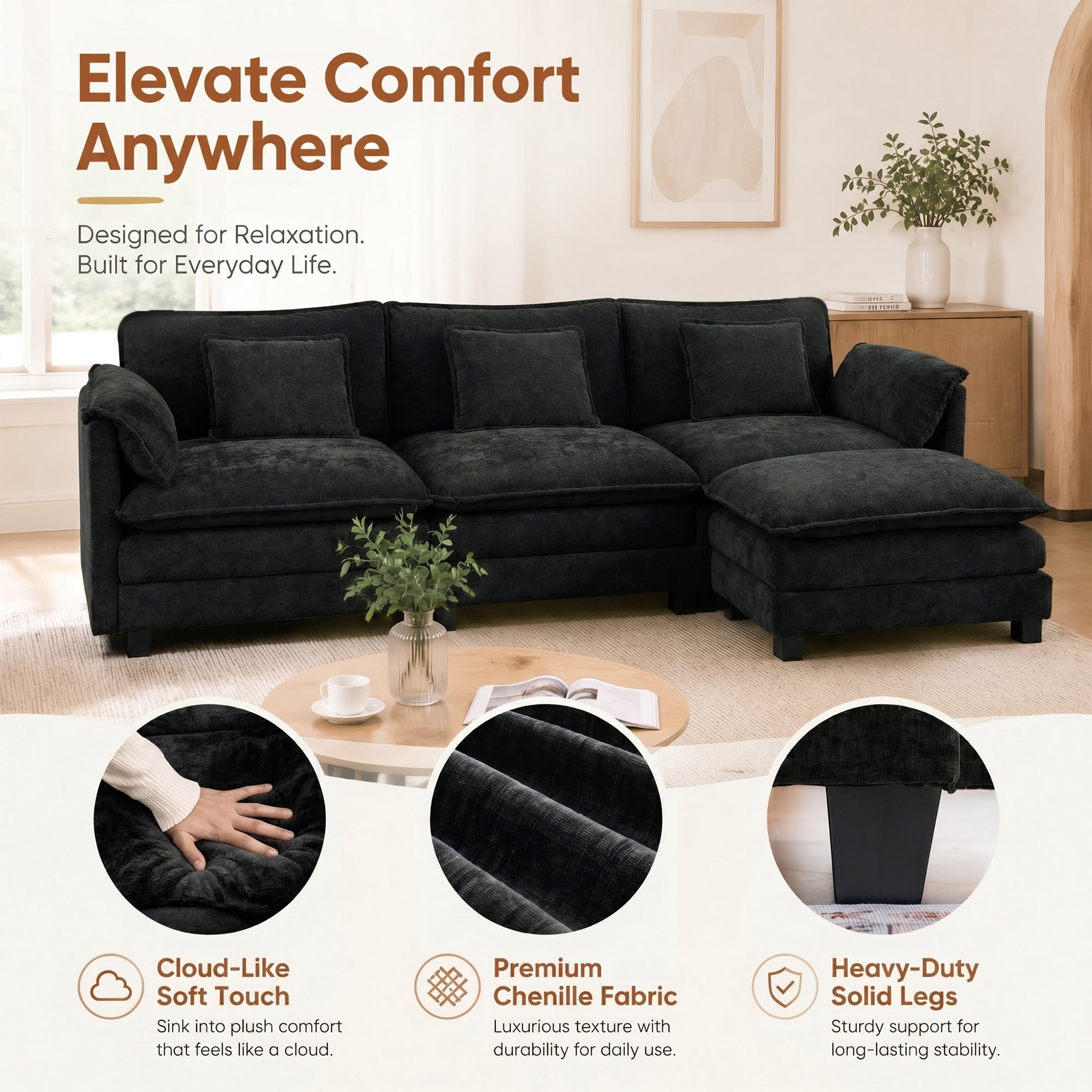 JULY'S SONG U Shaped Couch Set, 4-Seater Modular Sectional Sofa with Movable Ottoman, Deep Seat Couches and Sofas for Living Room, Comfy Cloud Couch with Detachable Cushions, Chenille Black