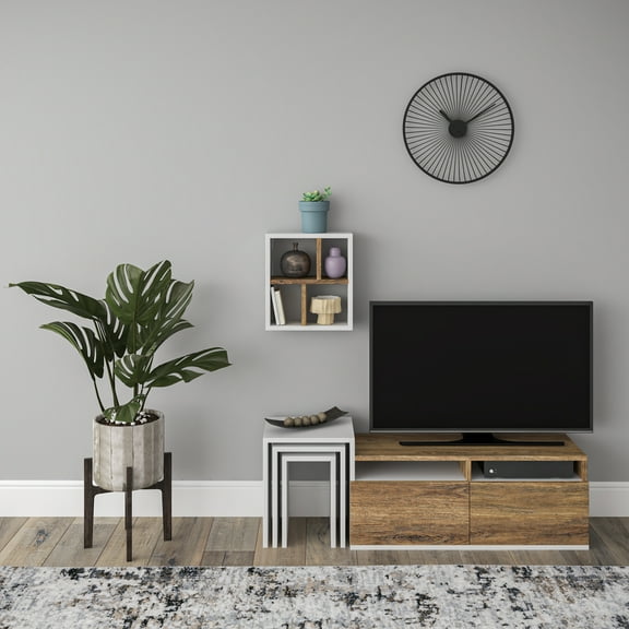 Ada Home Décor 4 Tier Prescott TV Stand with Doors for TVs up to 43", White Walnut