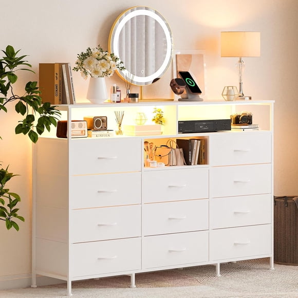 Dresser for Bedroom with 11 Drawers Featuring LED Light and Power Outlet, Fabric Dressers & Chest of Drawers with Open Shelves for Hallway, Living Room, Steel Frame,Wood Top