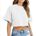 thumbnail image 4 of Shirts for Women under $10 Short Sleeved Casual Solid Color Crop Round-Neck Blouses for Women 2025 Trendy T Shirts Summer Clothes White S, 4 of 6
