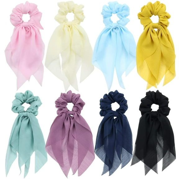 8 Pack Colorful Chiffon Long Ribbon Hair Ties Silk Tails Hair Bows for Girls Scarves Scrunchies for Thick Hair Ponytail Holders Scarf Headbands Elastics Hairbands 90s Hair Accessories for Women