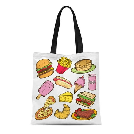 LADDKE Canvas Tote Bag Colorful Cartoon of Junk Food Doodle Burger Steak Pizza Durable Reusable Shopping Shoulder Grocery