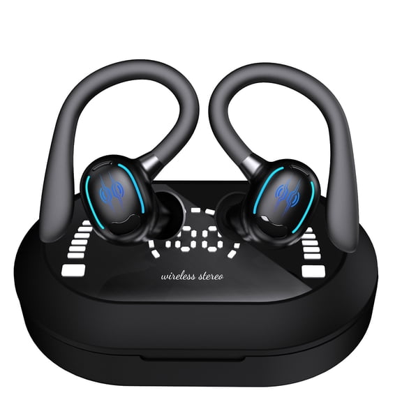 Wireless Earbuds Bluetooth Headphones Low Latency Cruising Hanging Ears Immersive HiFi Charging Case Digital Display Headset Premium Deep Bass for Sports Running Gaming Black