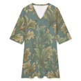 thumbnail image 4 of Elegant Teal Foliage Pattern Womens Dress With Pockets Summer V Neck 3/4 Sleeve Dress Plus Size Loose Dress, 4 of 7