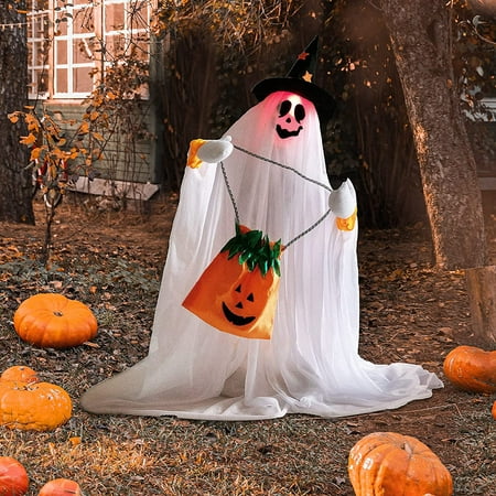 28'' Halloween Animated Ghost Decoration with Pumpkin Bag, LED Light-up ...