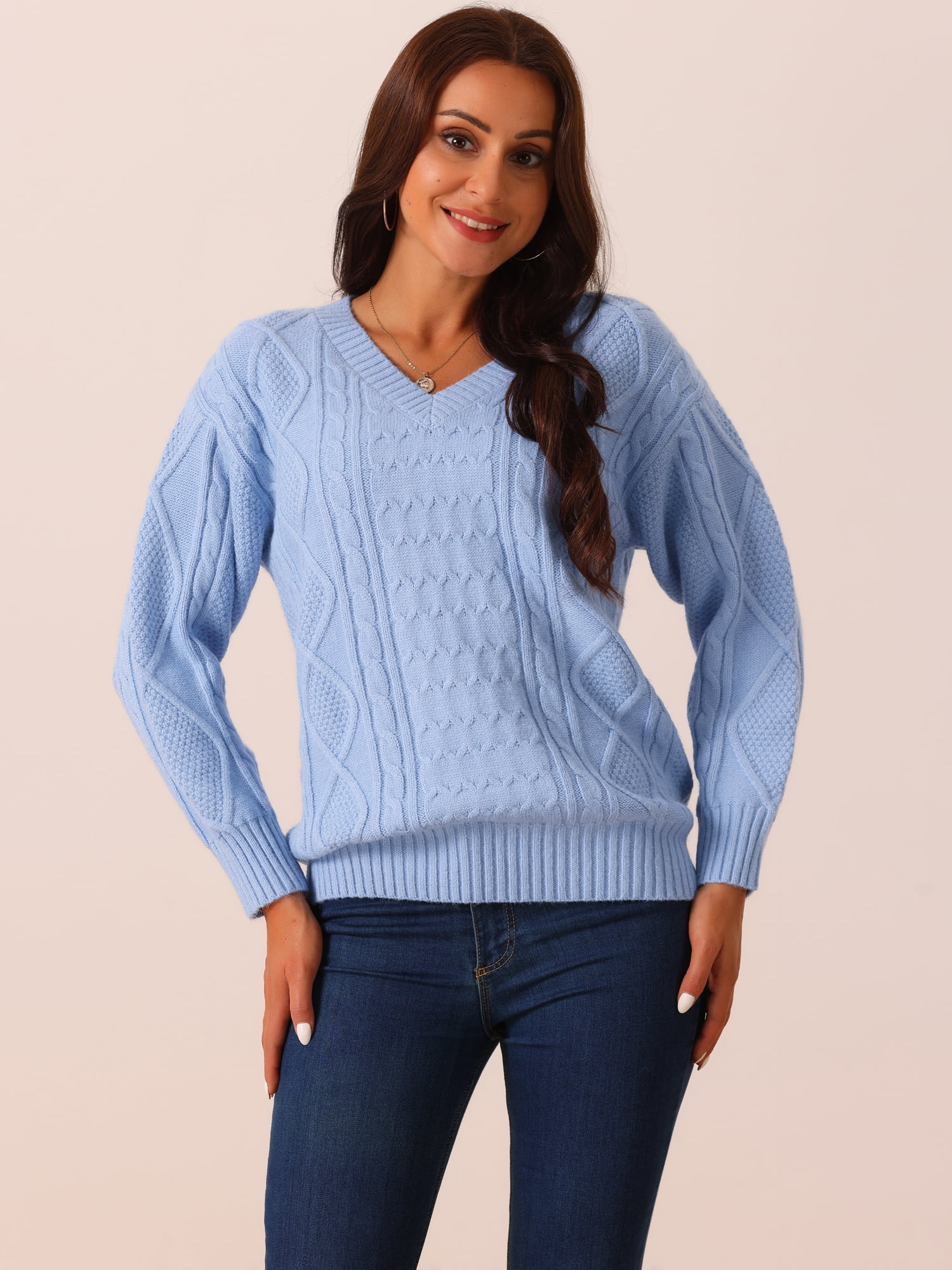DARING DIVA V Neck Long Sleeve Sweater Casual Loose Chunky Pullover XL Blue