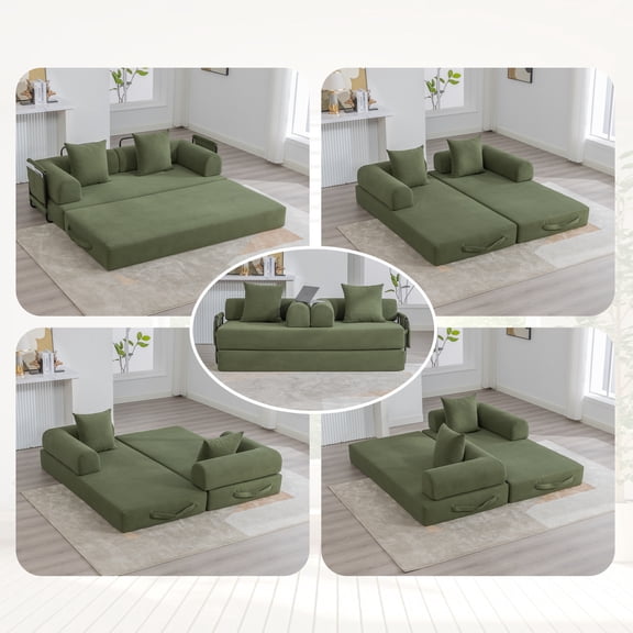 Jopath 79" Convertible Sofa Bed with Fixed-Shape Frame & Removable Armrests, Modular Corduroy Sleeper Sofa with 2 Pillows,Folding Mattress Couch for Small Spaces - No Assembly Needed,Green