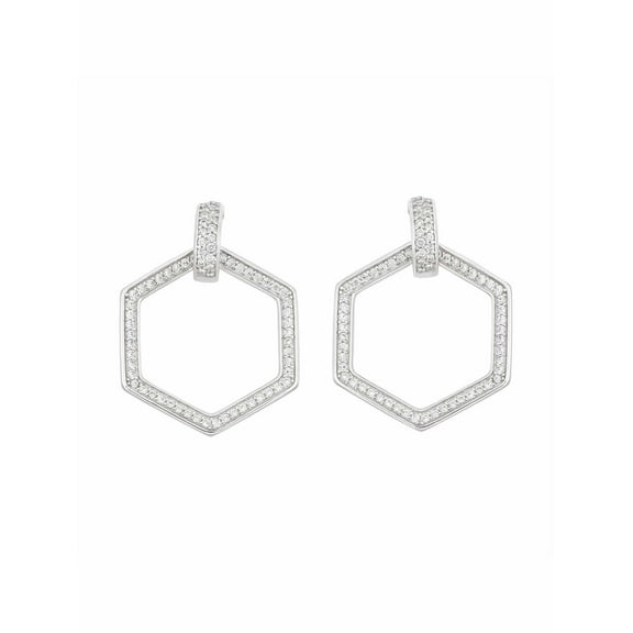 White CZ Sterling Silver Open Hexagon Post Dangle Earrings