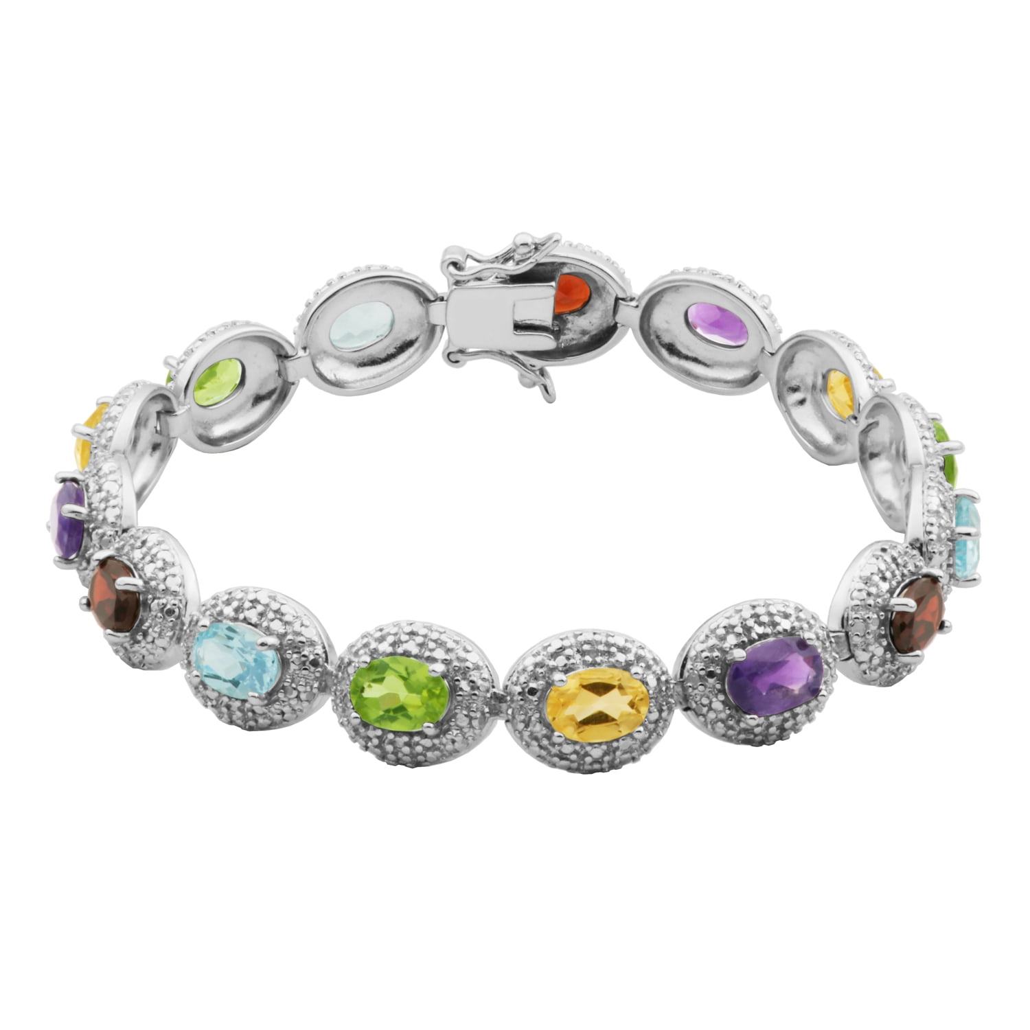 Platinum Plated Sterling Silver Genuine Semi-precoius Multi Gemstone and Diamond Accent Tennis Bracelet,7.25"
