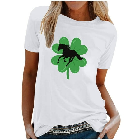 

Shirts for Women Womens Tops Dressy Casual Womens St. Patrick s Day Print Round Neck Pullover Tops Casual Short Sleeve T-shirt Off The Shoulder Tops for Women Tube Tops for Women White S