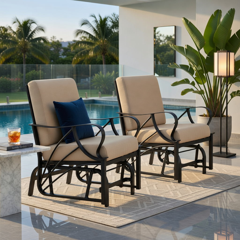 Hommoo Patio Glider Rocking Chair with Thick Padded Cushion, Curved Armrests & Sturdy Metal Frame, Outdoor Relaxation Seating for Deck, Porch or Garden, Black