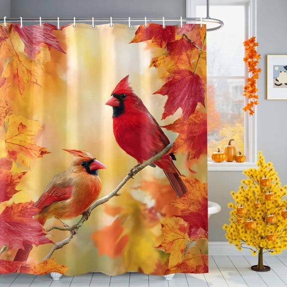 Male Female Tits Shower Curtains for Bathroom, Cardinal Autumn Red Orange Birds Leaves Waterproof Fabric Shower Curtain for Bathroom Bathtub Decoration, Machine Washable, 60"x72"