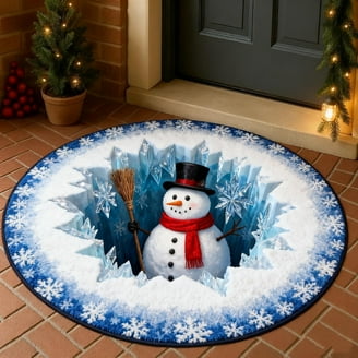 Christmas 3D Optical Illusion Rug - Santa & Snowman Quilted Round Mat, Non-Slip, 39.37x39.37 Inch, Festive Door Mat For Living Room
