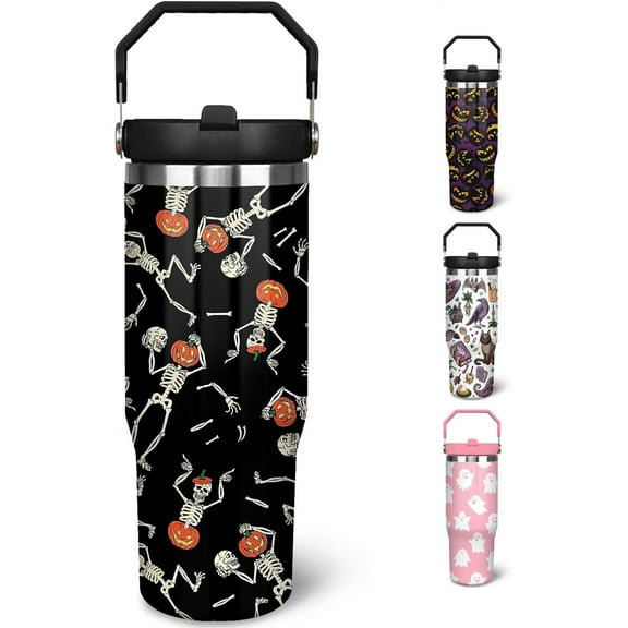 30 oz Halloween Tumbler with Lid and Straw, Pumpkin Skeleton Goth Tumbler Insulated Coffee Travel Mugs Cup Water Bottle Cute Halloween Gifts for Women Girls