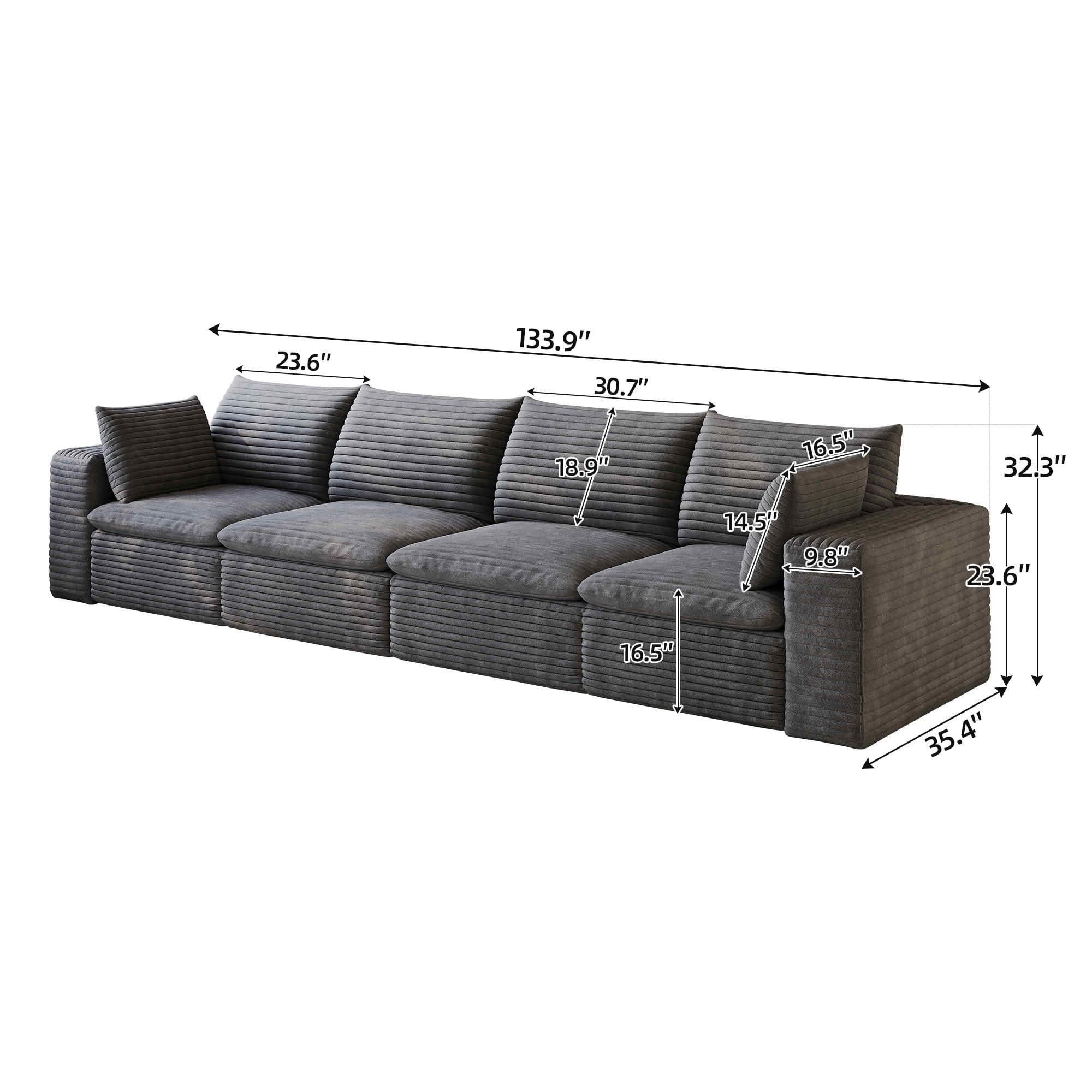 MAYEERTY 134 Inch Cloud Modular Sofa, Corduroy Deep‑Seat Couch with Double‑Layer Removable Cushions, No‑Assembly DIY Combination Sponge Sofa for Living Room Bedroom Conference Room Apartment