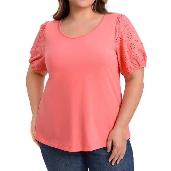 GRACE & GRANDEUR Blusas Casuales de Talla Grande para Mujeres con Panel Bordado, Manga Corta Abullonada y Cuello Redondo 3X Color Rojo Coral