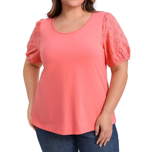 GRACE & GRANDEUR Blusas Casuales de Talla Grande para Mujeres con Panel Bordado, Manga Corta Abullonada, Cuello Redondo, 1X Rojo Coral
