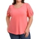 thumbnail image 1 of GRACE & GRANDEUR Blusas Casuales de Talla Grande para Mujeres con Panel Bordado, Manga Corta Abullonada, Cuello Redondo, 1X Rojo Coral, 1 of 7