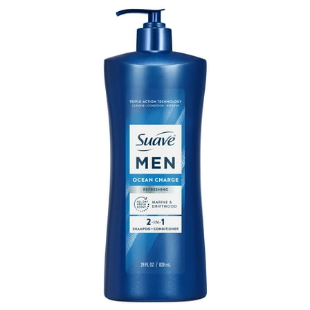 Suave Men Ocean Charge Refreshing 2-in-1 Shampoo & Conditioner with Pro Vitamin B5, 28 fl oz Pump