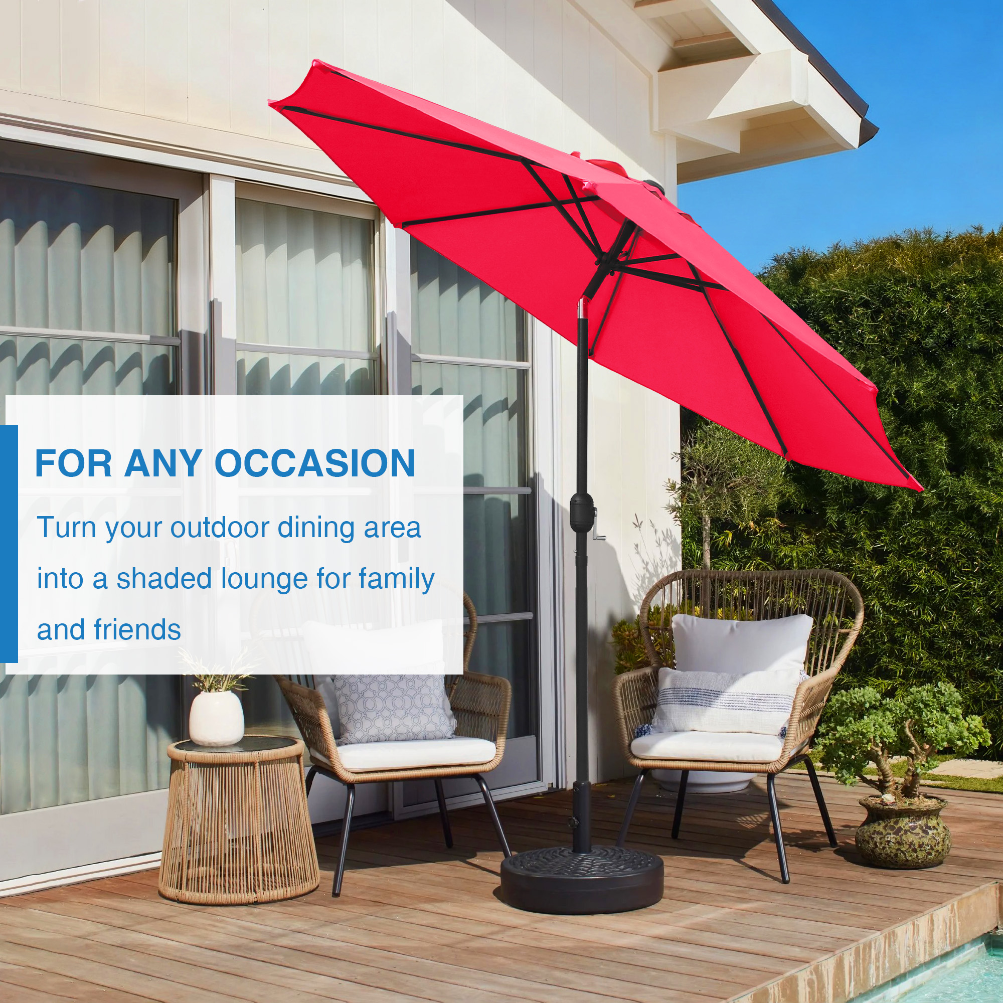 Abble Outdoor 9ft Patio Umbrella with Crank Handle and Push Button Tilt, Outdoor Market Umbrella with 8 Ribs for Garden, Deck, Backyard, Pool, Red