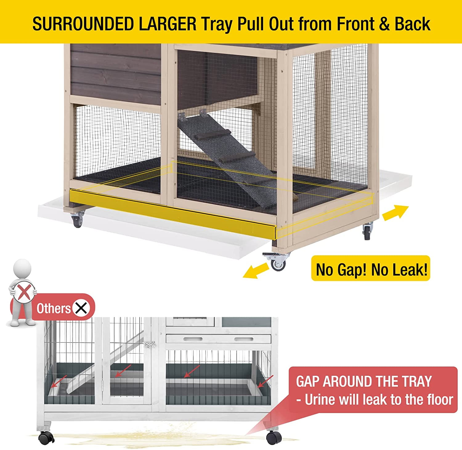 Upgrade Rabbit Cage Indoor Bunny Hutch with Run with Two Deeper No Leak Trays - 4 Casters Include for Outdoor (Coffee)