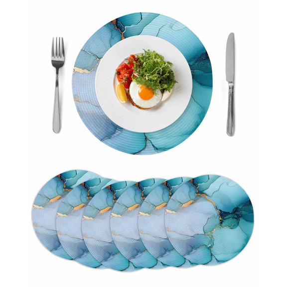 Teal Blue Marble Round 13 Inch Placemats Set of 6, Modern Abstract Art Marble Crack HeatResistant Non Slip Place Mats for Dining Table, Wipeable Braided Kitchen Table Mats for Housewarming