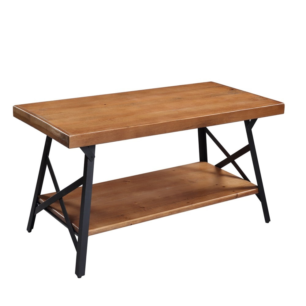 Private Jungle 43" Metal Legs Rustic Coffee Table, Round Side End Table with Solid Wood Tabletop