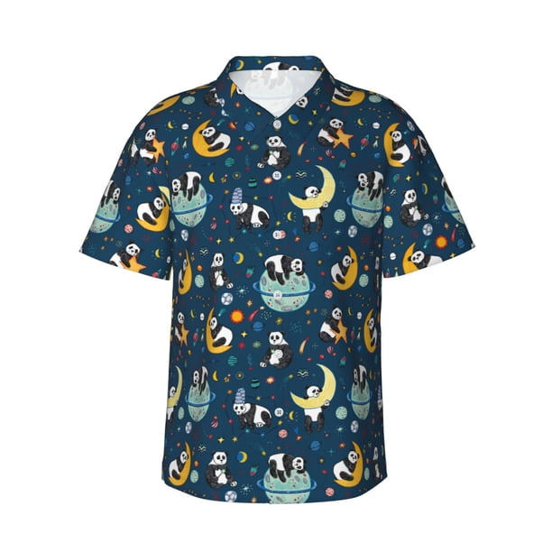Fotbe Space Sleeping Panda Camisa Hawaiana para Hombre Unisex – Camisa Casual de Verano con Botones de Manga Corta de Algodón y Lino,Large