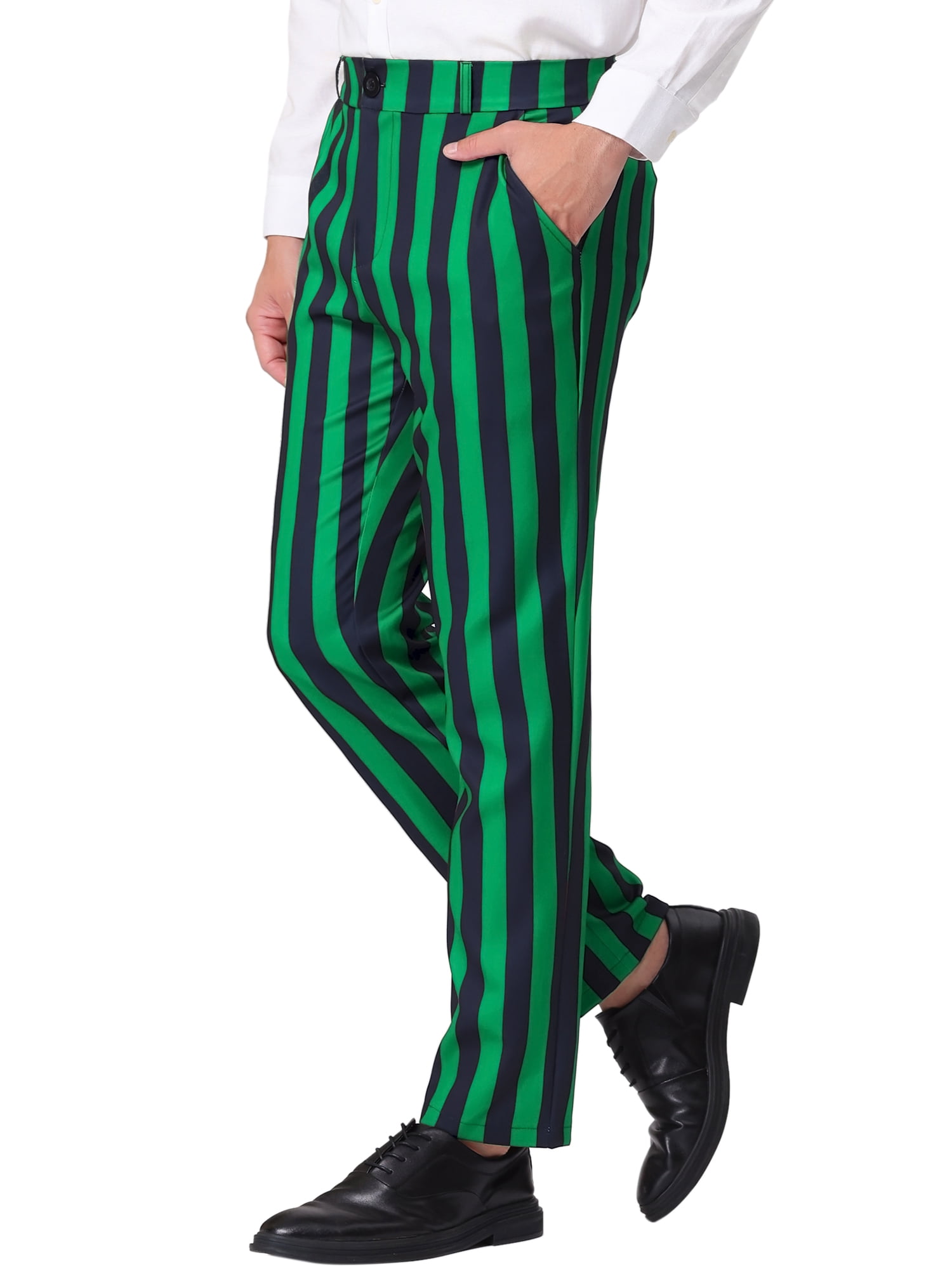 Unique Bargains Men's Striped Pant Classic Fit Flat Front Business Trousers 34 Green Black