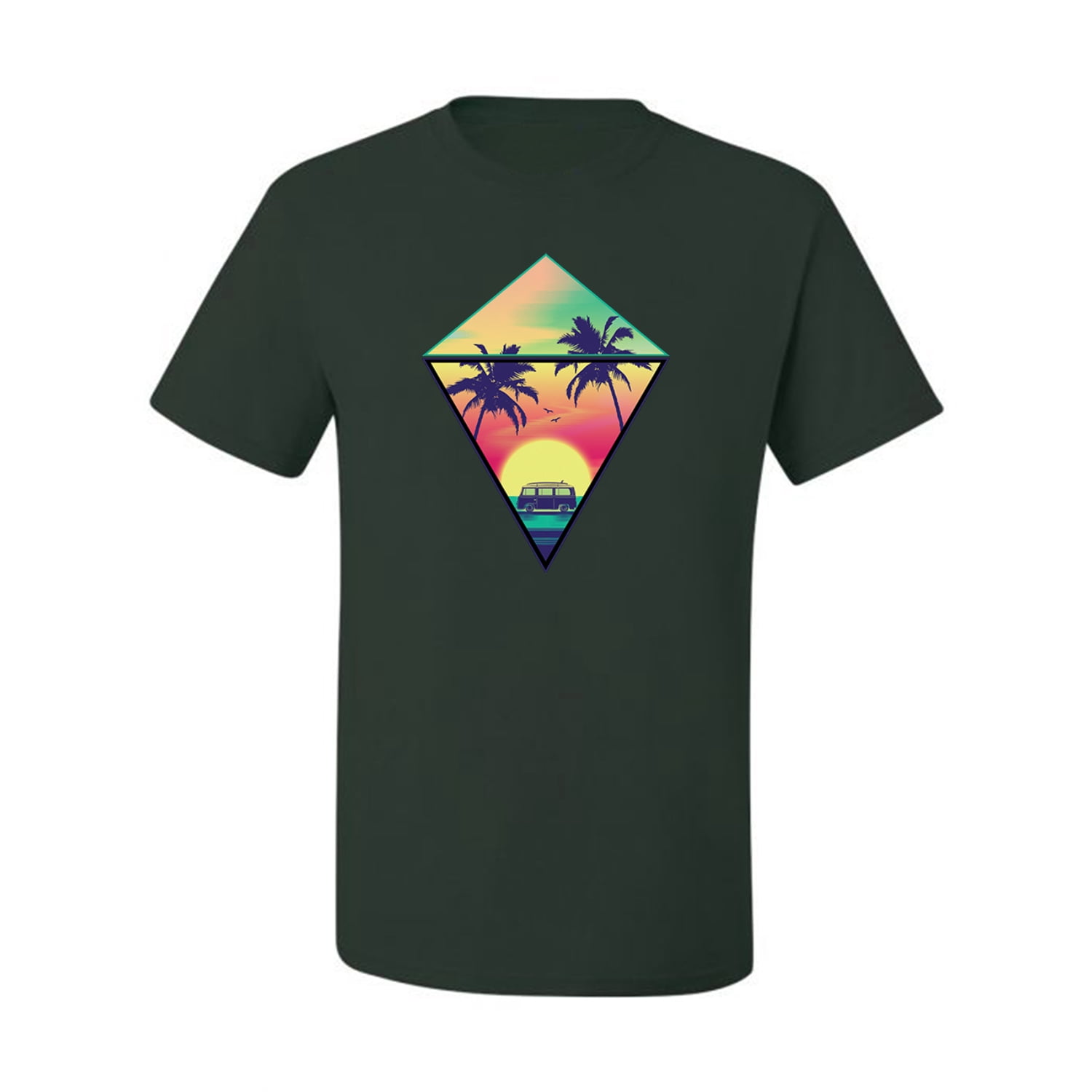 Wild Bobby, Surfing Van at the Beach Sunset Paradise, Streetwear, Men Graphic Tees, Forest Green, Large