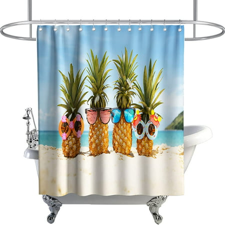 

Tropical Beach Shower Curtain Yellow Pineapple with Glasses on The Sandbeach Theme Fabric Bathroom Decor Sets with Hooks Waterproof Washable 72W x 72H