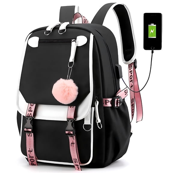 AOMRCOL Waterproof Backpack Women USB Charging Bookbags College Computer Rucksack Travel Shoulder Bag Black Backpack for Women