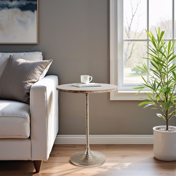 Classic End Table, Side Table, or Small Night Stand for Room Decor - Bold Metal Accent Table with Marble Top Ideal for Bedroom or Living Room - Modern Accent Table for Small Spaces - 21" Tan & Gold