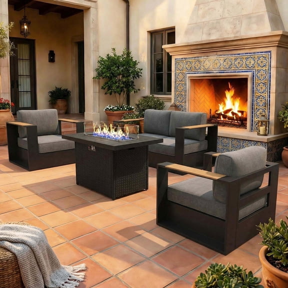 LayinSun 4 Pieces Aluminum Patio Furniture Set with Fire Pit Table, Oversized Outdoor Conversation Set 4 Seats with 6" Thick Cushions for Outside Porch, Balcony, Deck