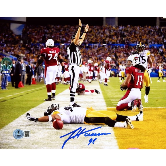 James Harrison Autographed 8x10 Photo Pittsburgh Steelers Super Bowl XLIII Interception Return Touchdown Beckett BAS Witness 241380