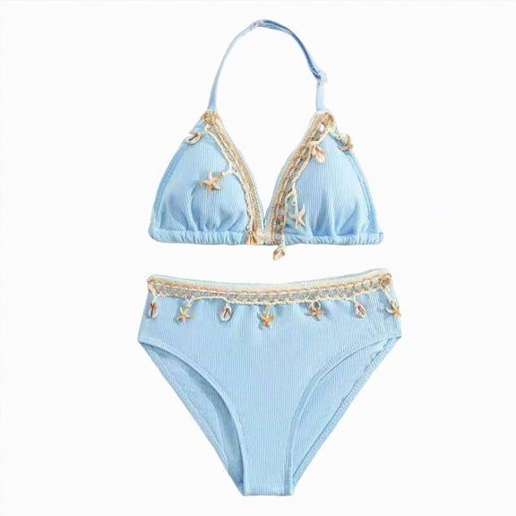 Hessimy Little Girls' Summer Swimwear Two Piece short Tankini Kids Swimsuit（Blue,8-9 Years)