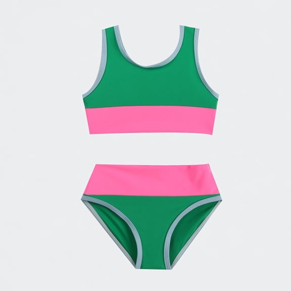 Ticikt Girls 2 Piece Swimsuits Color Block Tankini Set with Chest Pad Swimwear 3-8Y,Green