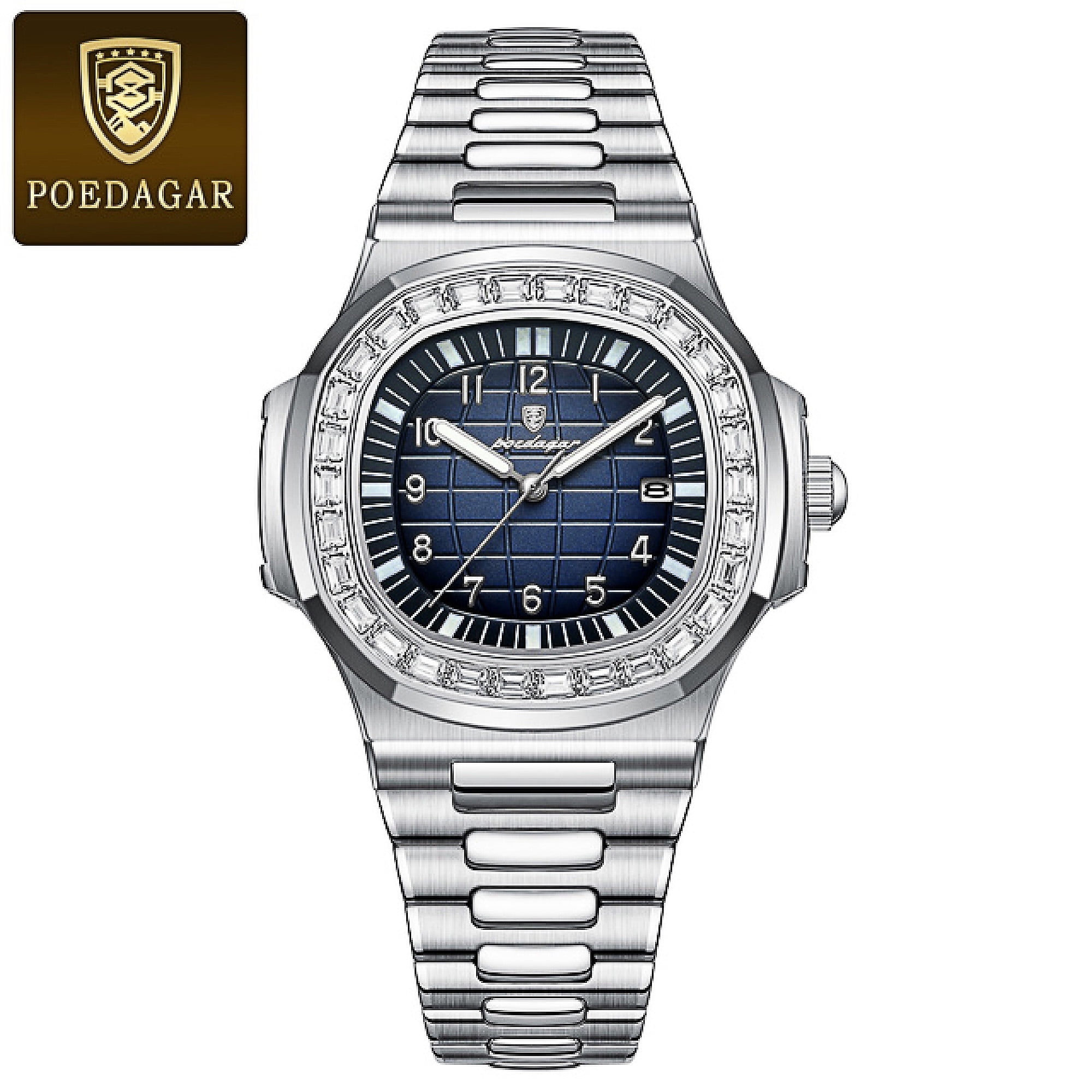 POEDAGAR Men Luxury Blue Diamond Quartz Fashion Stainless Steel Plaid Watch Luminous Date Wristwatch Walmart