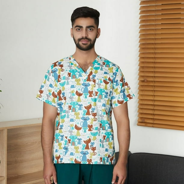Uniforme de enfermera con estampado de dibujos animados para mujer, camiseta de manga corta con cuello en V, bata quirúrgica, uniforme de trabajo para hombre