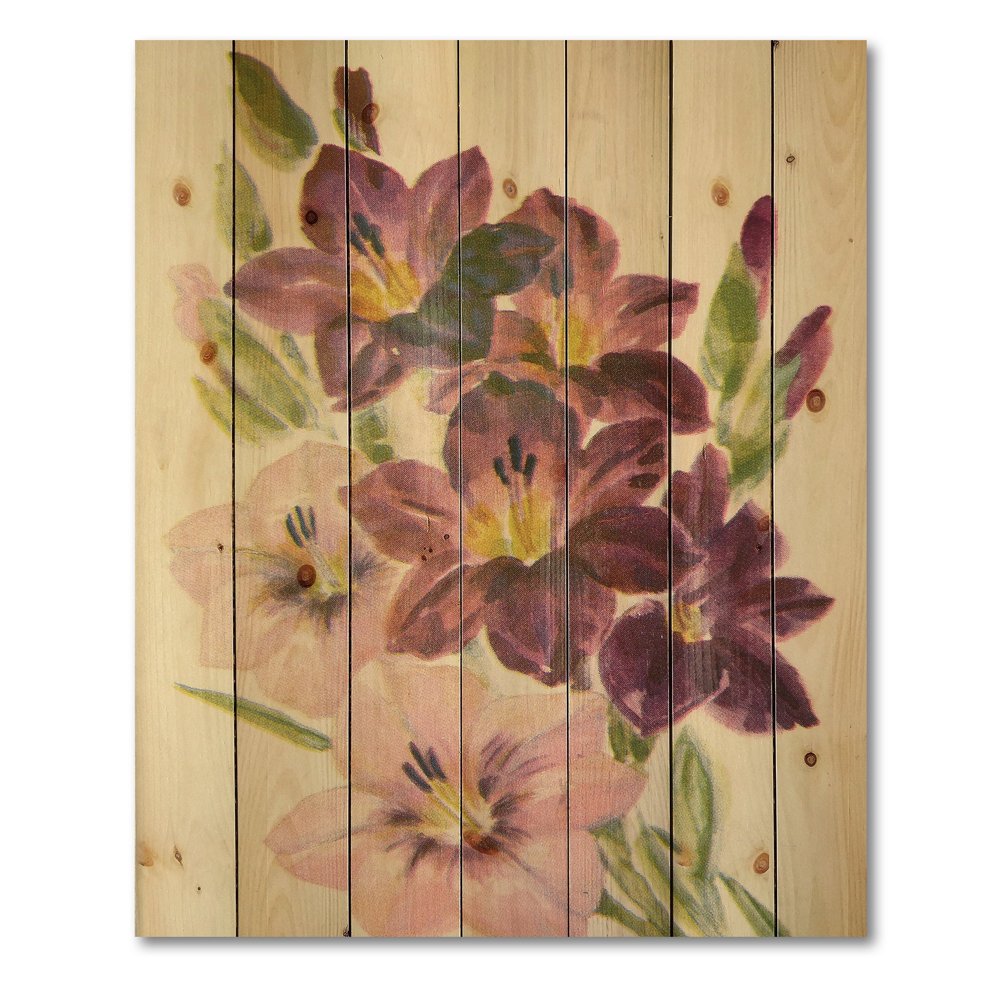 Designart 'Retro Dark and Light Pink Gladiolus' Traditional Print on Natural Pine Wood