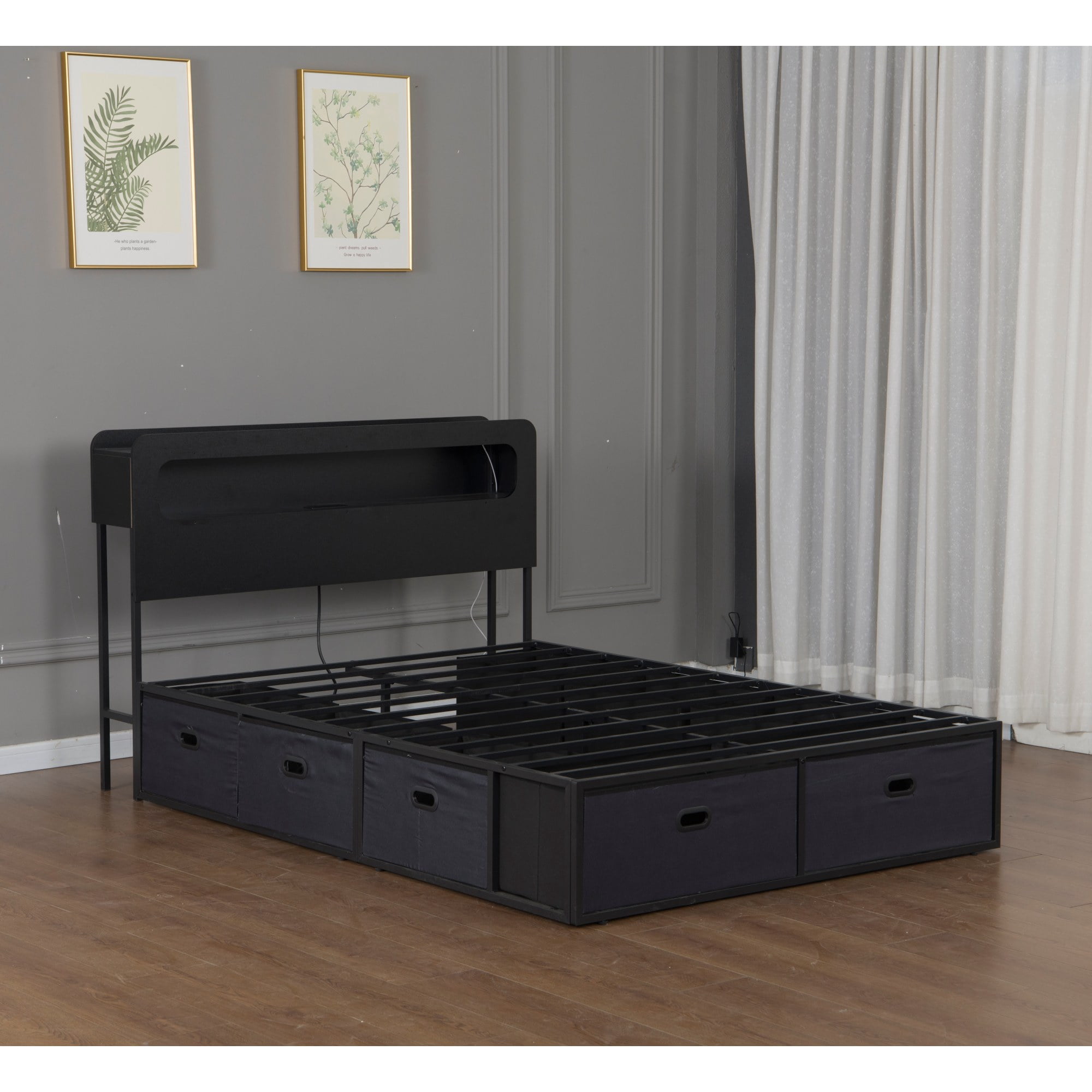 Leumius Queen Size Bed Frame with 8 Storage Drawers,Metal Platform Bed with 2-Tier Storage & LED Light Headboard, Charging Station, USB Port & Type C,No Box Spring Needed,Black