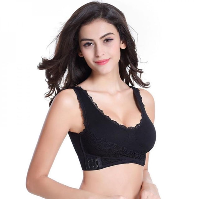 Comfortable Solid Color New Cross Side Buckle Without Rims Gathered Sports Underwear Sleep Bra Black 2XL