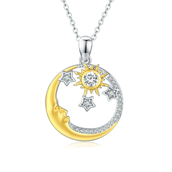 Cuoka Moon and Star and Sun Necklace 925 Sterling Silver Pendant Necklace with Halo Cubic Zirconia 18K Gold Plated Jewelry Birthday Xmas Gift for Women Wife Mom